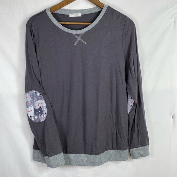 Ekouaer Gray Thermal Style Long Sleeve Top with Cat Patches on Arms. Size Large. - Picture 1 of 6